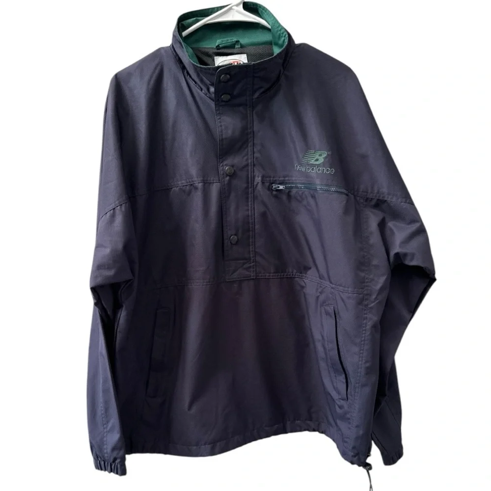 Vintage New Balance Anorak PopOver Jacket Navy Blue with Green Logo, Size Large
